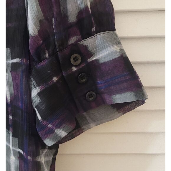 Sele Plaid Semi-Sheer Top Women Purple Black and White Shirt Ruffles Size L - Picture 4 of 5